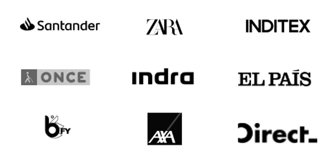 AtalayaSoft enterprise client logos: Banco Santander, Zara, Juegos ONCE, Indra, El País, B-FY, AXA and Direct Seguros